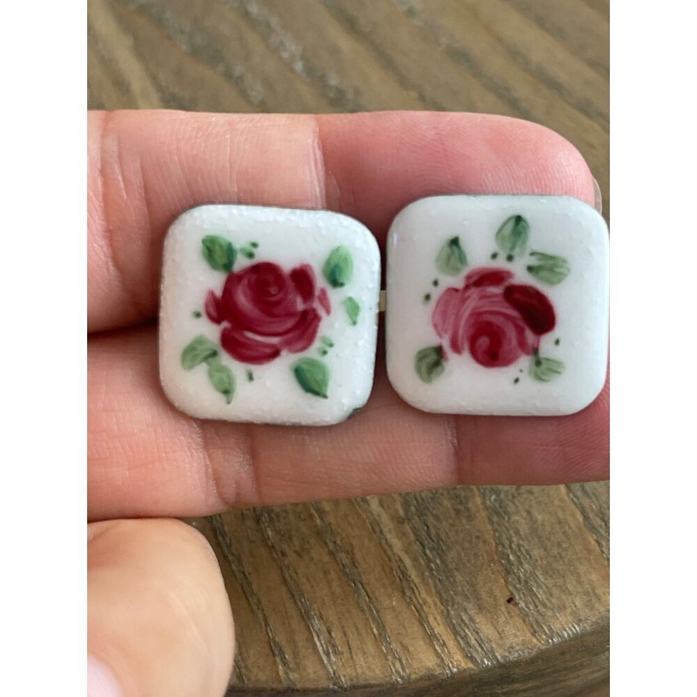 Vintage Hand-Painted Floral Porcelain Cufflinks, White Pink Green - Picture 1 of 6